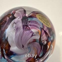 Robert Held Art Glass Swirl Turquoise Blue and Pink Paperweight, Signed