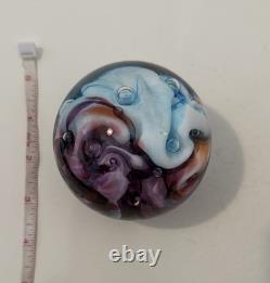 Robert Held Art Glass Swirl Turquoise Blue and Pink Paperweight, Signed