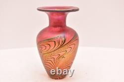 Robert Held Signed Studio Art Glass Vase Pink Art Nouveau Pulled Feather Swirl