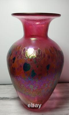 Robert Held Studio Art Glass Pink Multi Color Iridescent Blown Vase Canada 10.5