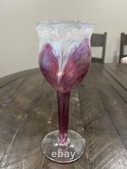 Ron Hinkle Hand Blown Art Glass Pink Iridescence Wine Goblet Signed 2005 8.75