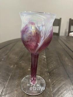 Ron Hinkle Hand Blown Art Glass Pink Iridescence Wine Goblet Signed 2005 8.75