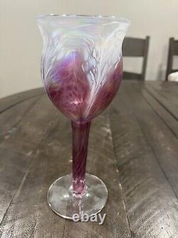 Ron Hinkle Hand Blown Art Glass Pink Iridescence Wine Goblet Signed 2005 8.75