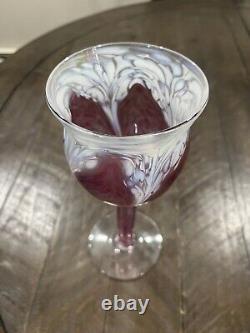 Ron Hinkle Hand Blown Art Glass Pink Iridescence Wine Goblet Signed 2005 8.75