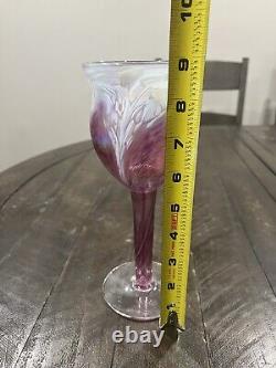 Ron Hinkle Hand Blown Art Glass Pink Iridescence Wine Goblet Signed 2005 8.75