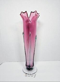 Ron Mynatt Signed 2011 Cranberry Pink Blown Art Glass Tulip Flower Vase 13