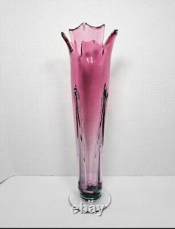 Ron Mynatt Signed 2011 Cranberry Pink Blown Art Glass Tulip Flower Vase 13