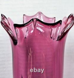 Ron Mynatt Signed 2011 Cranberry Pink Blown Art Glass Tulip Flower Vase 13