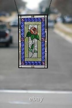 Rose- Beveled Stained Glass Window Panel, Ready to Hang 21 x 13 3/8