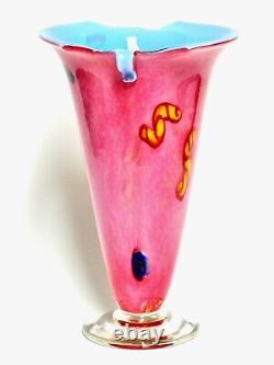 SIGNED A. GARCIA'01 ART GLASS PINK/BLUE CASED VASE withMILLEFIORE & CURLED TABS