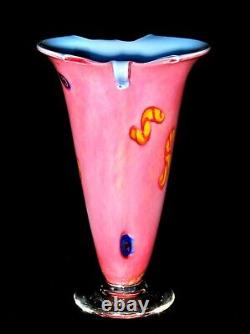 SIGNED A. GARCIA'01 ART GLASS PINK/BLUE CASED VASE withMILLEFIORE & CURLED TABS