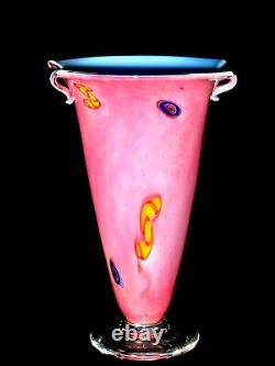 SIGNED A. GARCIA'01 ART GLASS PINK/BLUE CASED VASE withMILLEFIORE & CURLED TABS