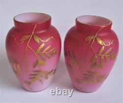 SIGNED Antique HARRACH Victorian PEACHBLOW Miniature PINK Gold ENAMEL Glass VASE