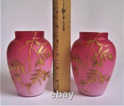 SIGNED Antique HARRACH Victorian PEACHBLOW Miniature PINK Gold ENAMEL Glass VASE