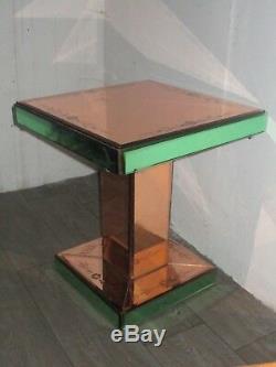 SUPERB ART DECO PEACH AND GREEN MIRROR GLASS SQUARE COFFEE Side TABLE PINK