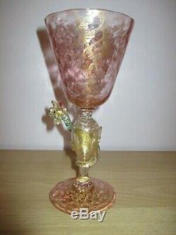 Salviati Barovier Toso Pink Gold Venetian Dragon Serpent Glass Goblet Murano