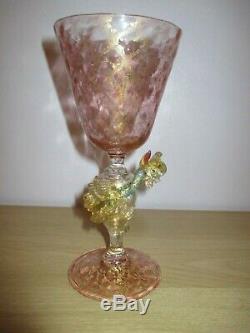 Salviati Barovier Toso Pink Gold Venetian Dragon Serpent Glass Goblet Murano