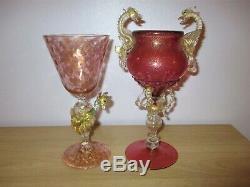 Salviati Barovier Toso Pink Gold Venetian Dragon Serpent Glass Goblet Murano