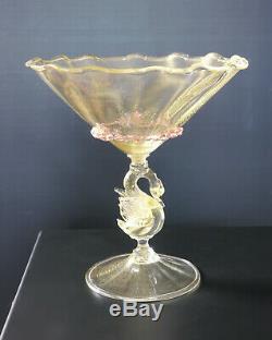 Salviati swan compote, Murano, Venice Italy blown glass, pink, clear, fumed gold