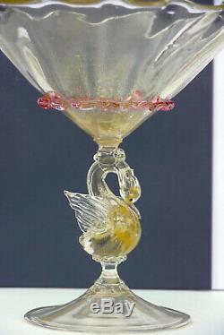 Salviati swan compote, Murano, Venice Italy blown glass, pink, clear, fumed gold