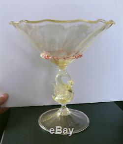 Salviati swan compote, Murano, Venice Italy blown glass, pink, clear, fumed gold