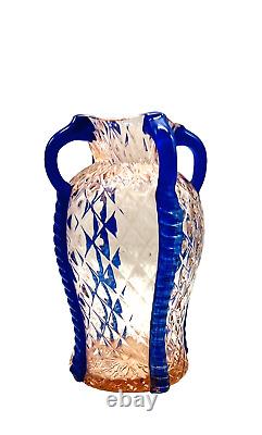 Scarce Kralik Pink & Blue Karooptisch Diamond Quilted Czech Art Glass Vase