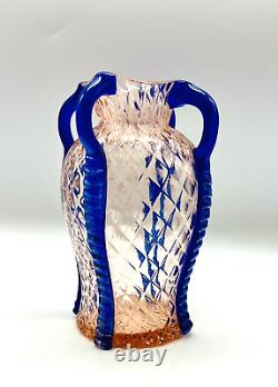 Scarce Kralik Pink & Blue Karooptisch Diamond Quilted Czech Art Glass Vase