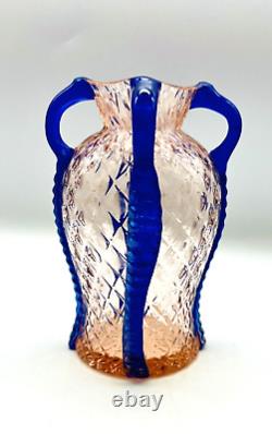 Scarce Kralik Pink & Blue Karooptisch Diamond Quilted Czech Art Glass Vase