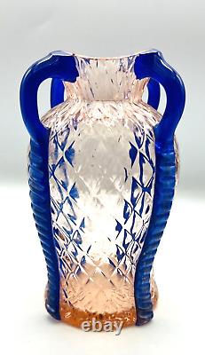 Scarce Kralik Pink & Blue Karooptisch Diamond Quilted Czech Art Glass Vase