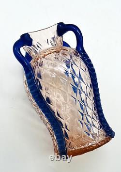 Scarce Kralik Pink & Blue Karooptisch Diamond Quilted Czech Art Glass Vase