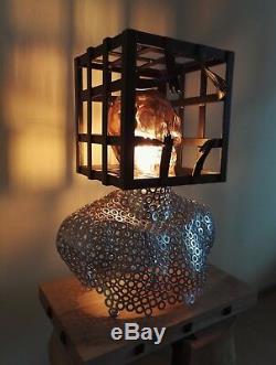 Scare Table Lamp With Glass Pink Skull In Cage Home Loft Art Halloween Unique