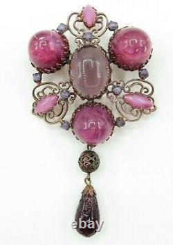 Schreiner High Dome Art Glass Pink Purple Statement Dangle Brooch Pendant Signed