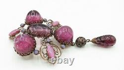 Schreiner High Dome Art Glass Pink Purple Statement Dangle Brooch Pendant Signed