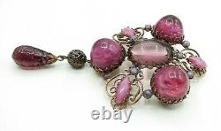 Schreiner High Dome Art Glass Pink Purple Statement Dangle Brooch Pendant Signed