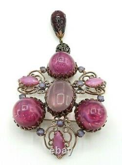 Schreiner High Dome Art Glass Pink Purple Statement Dangle Brooch Pendant Signed