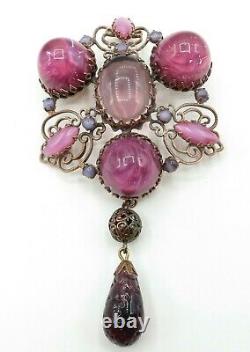 Schreiner High Dome Art Glass Pink Purple Statement Dangle Brooch Pendant Signed