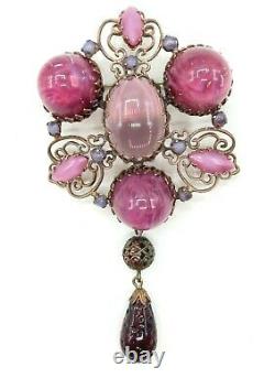 Schreiner High Dome Art Glass Pink Purple Statement Dangle Brooch Pendant Signed