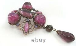 Schreiner High Dome Art Glass Pink Purple Statement Dangle Brooch Pendant Signed