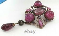 Schreiner High Dome Art Glass Pink Purple Statement Dangle Brooch Pendant Signed