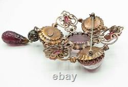 Schreiner High Dome Art Glass Pink Purple Statement Dangle Brooch Pendant Signed