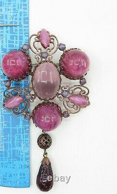 Schreiner High Dome Art Glass Pink Purple Statement Dangle Brooch Pendant Signed