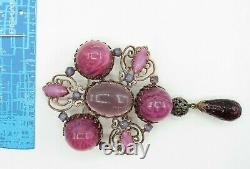 Schreiner High Dome Art Glass Pink Purple Statement Dangle Brooch Pendant Signed