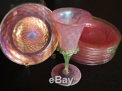 Set 12 Vintage 50's Venetian Iridescent Pink Green Glass Plates Excellent 8.25