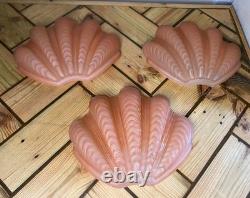 Set Of 3 Vintage Art Deco Pink Scalloped Clam Shell Glass Shades- 1930's Design