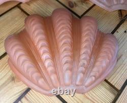 Set Of 3 Vintage Art Deco Pink Scalloped Clam Shell Glass Shades- 1930's Design