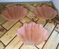 Set Of 3 Vintage Art Deco Pink Scalloped Clam Shell Glass Shades- 1930's Design