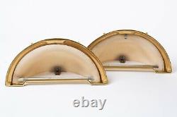 Set of 2 Antique French Art Deco Wall Sconces Gold & Frosted Pink Glass 13.5 W