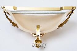 Set of 2 Antique French Art Deco Wall Sconces Gold & Frosted Pink Glass 13.5 W