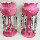 Set of (2) Antique Pink Victorian Cased Glass Candle Lusters Mantel Art Deco