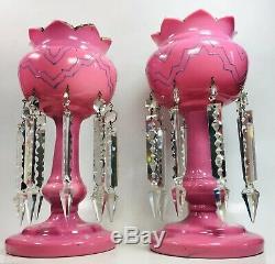 Set of (2) Antique Pink Victorian Cased Glass Candle Lusters Mantel Art Deco